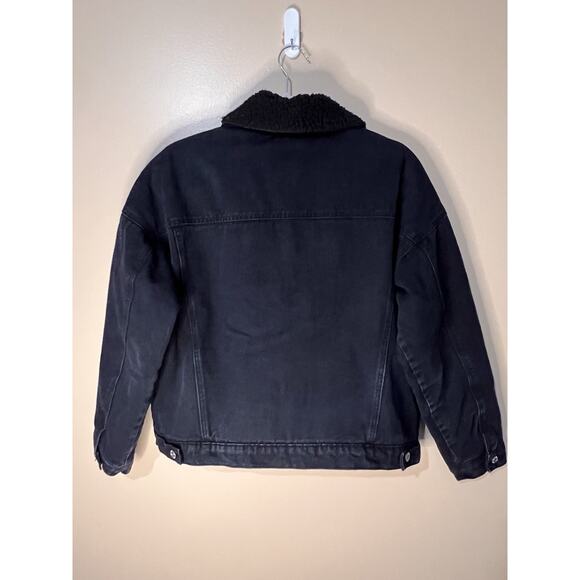 Women Black Denim Trucker Jean Jacket Removable Sherpa Collar SZ Med Forever 21 - Picture 3 of 8